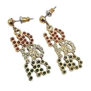 HO HO HO Gold Tone Rhinestone Dangle Drop Pierced Christmas Holiday Earrings